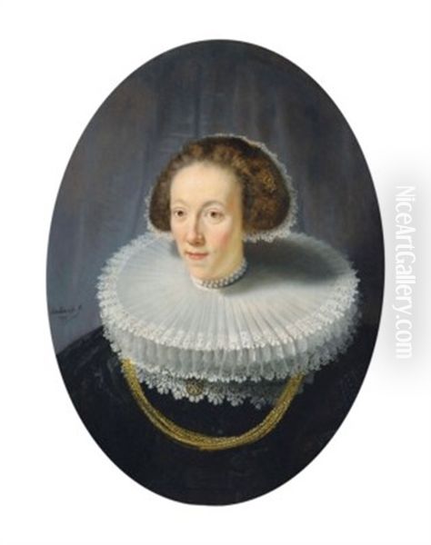 Portrait Of Petronella Buys (1610-1670), Bust-length, In A Brocaded Black Gown, Bobin Lace-trimmed Double Cartwheel Ruff And Pearled Diadem Cap Oil Painting by Harmenszoon van Rijn Rembrandt