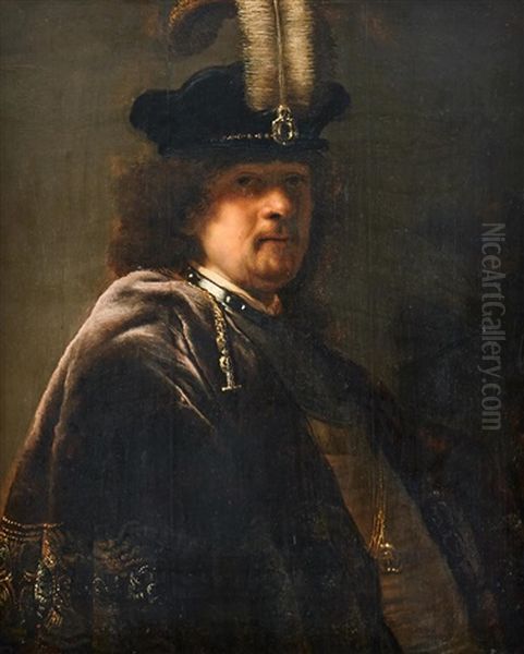 Half Length Figure Of Rembrandt In A Feathered Cap, His Eyes Cast In Shadow. Oil Painting by Harmenszoon van Rijn Rembrandt