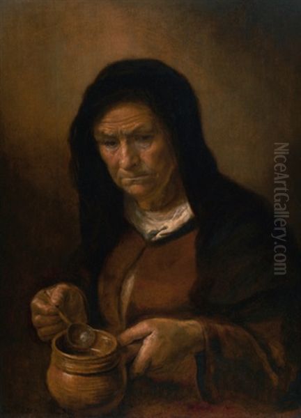 Portrait Of An Old Woman Holding A Soup Bowl Oil Painting by Harmenszoon van Rijn Rembrandt