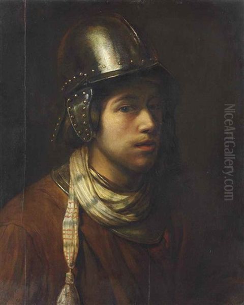 A Tronie Of A Young Man Wearing A Helmet Oil Painting by Harmenszoon van Rijn Rembrandt