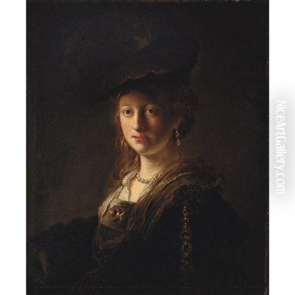 Portrait Of A Lady Wearing A Velvet Cap And Pearl Earring Oil Painting by Harmenszoon van Rijn Rembrandt