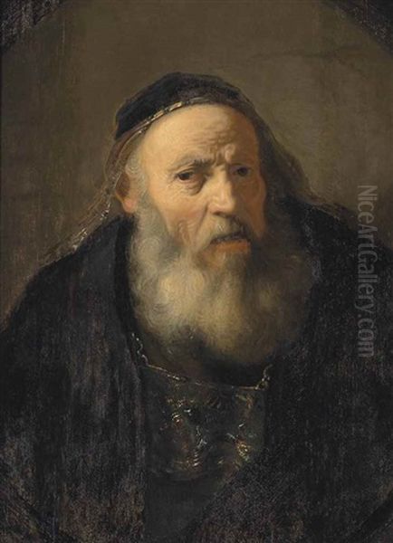 Portrait Of An Old Man, Half-length, In A Black Mantle And A Black, Gold-rimmed Skullcap Oil Painting by Harmenszoon van Rijn Rembrandt