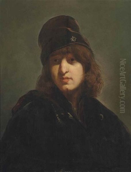 Portrait Of A Young Man, Half-length, In A Brown Hat With A Gold Button Oil Painting by Harmenszoon van Rijn Rembrandt