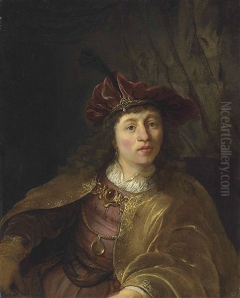 Portrait Of A Young Man, Half-length, In A White Shirt, Golden Mantel And Red Plumed Cap, Before A Draped Curtain Oil Painting by Harmenszoon van Rijn Rembrandt