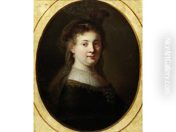 Portrait Of Saskia Van Uylenburgh, Bust-length, In A Black Dress And A Feathered Hat, Within A Painted Oval Oil Painting by Harmenszoon van Rijn Rembrandt