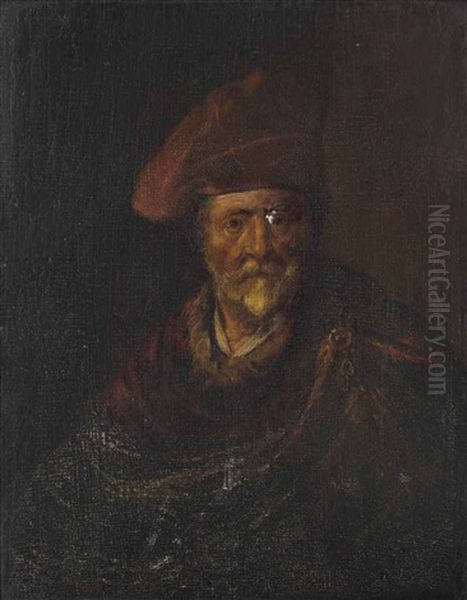 Portrait Of A Man, Half-length, In A Red Fur-lined Cloak Oil Painting by Harmenszoon van Rijn Rembrandt