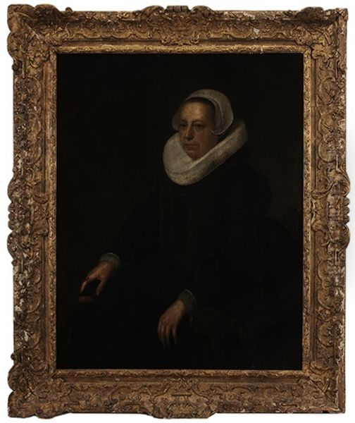 Portrait Of A Seated Lady, In Black Gown With Ruff Collar And Cap Oil Painting by Harmenszoon van Rijn Rembrandt