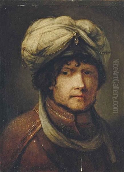 Portrait Of A Gentleman, Bust-length, Wearing A Turban, And A Gold Embroidered Rust Coat Oil Painting by Harmenszoon van Rijn Rembrandt