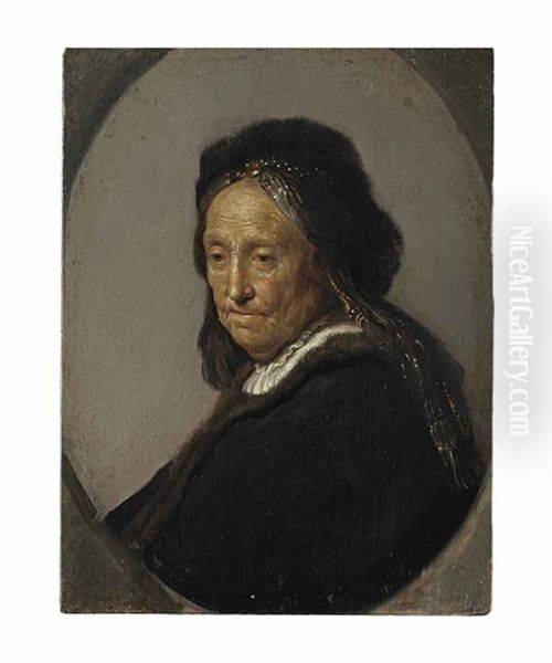 Head Of An Old Woman, Traditionally Identified As Neeltgen Willemsdr. Van Zuytbrouck (1569-1640), Rembrandt's Mother, Half-length, In A Black Costume With A Fur Hat Oil Painting by Harmenszoon van Rijn Rembrandt