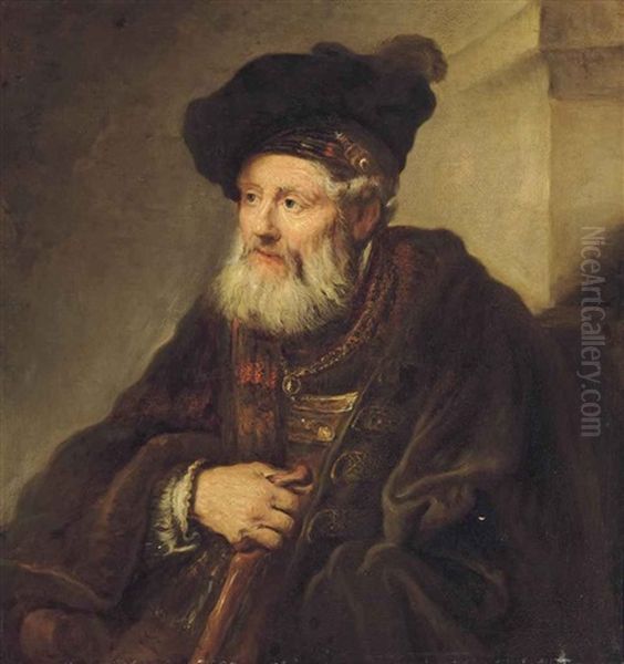 Portrait Of A Bearded Man, Bust-length, In A Fur-trimmed Coat And An Oriental Hat, Holding A Walking Stick Oil Painting by Harmenszoon van Rijn Rembrandt