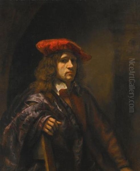 Portrait Of A Young Man, Half-length, Wearing A Red Tunic And A Broad-brimmed Red Cap Oil Painting by Harmenszoon van Rijn Rembrandt