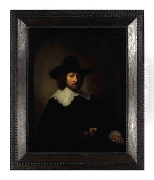 Portrait Of Nicolaes Bambeeck, In A Black Costume With Lace Collar And Cuffs And A Black Hat, Holding Gloves Oil Painting by Harmenszoon van Rijn Rembrandt