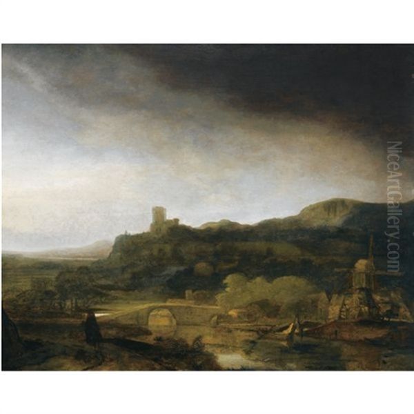 An Extensive River Landscape With A Windmill And A Traveller On Horseback On A Path, Ruins Beyond Oil Painting by Harmenszoon van Rijn Rembrandt