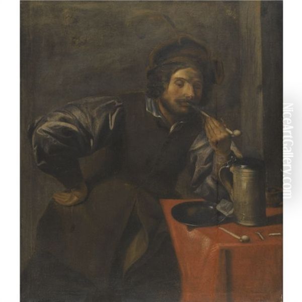 An Interior With A Man Taking Money Out Of A Bag Beside An Elderly Bearded Man In Oriental Dress Seated At A Table, Two Figures Beyond Oil Painting by Harmenszoon van Rijn Rembrandt