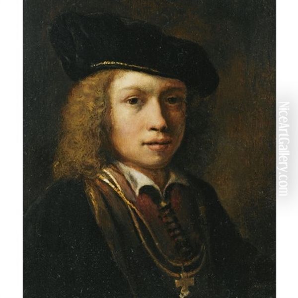 Tronie Of A Young Boy, Wearing A Brown Coat And A Beret Oil Painting by Harmenszoon van Rijn Rembrandt