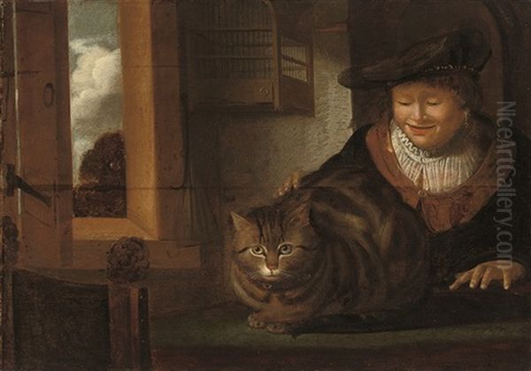 A Man Stroking A Cat In An Interior Oil Painting by Harmenszoon van Rijn Rembrandt