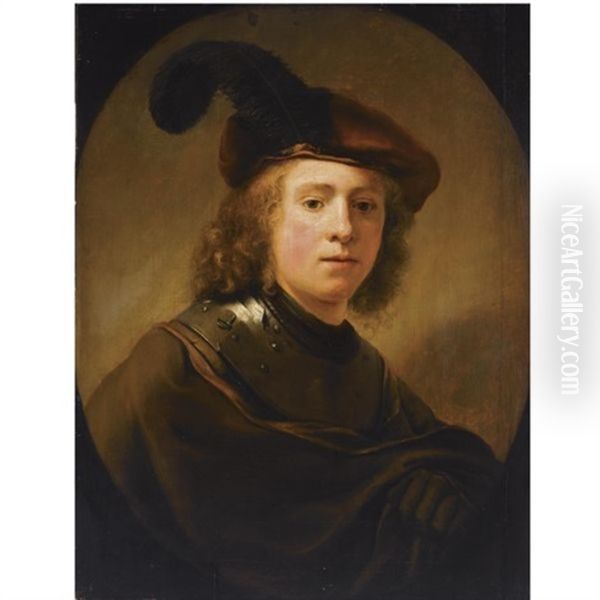 Portrait Of A Young Man, Wearing A Brown Plumed Beret And A Brown Coat With A Gorget Oil Painting by Harmenszoon van Rijn Rembrandt