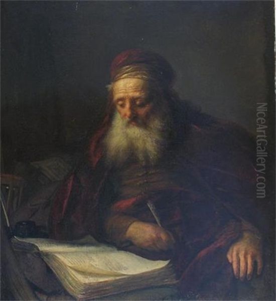 Portrait Of An Old Man Wearing A Red Velvet Coat, Seated Writing Oil Painting by Harmenszoon van Rijn Rembrandt