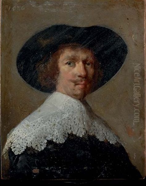 Portrait Of A Gentleman In A Black Coat With Lace Collar And Black Hat Oil Painting by Harmenszoon van Rijn Rembrandt