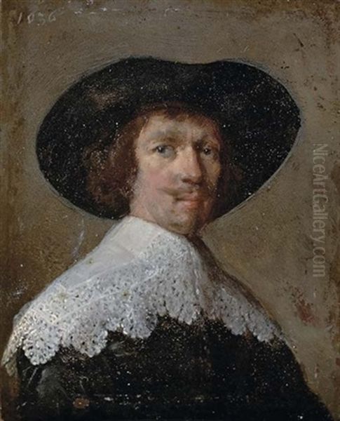 Portrait Of A Gentleman In A Black Doublet With A Lace Collar And A Black Hat Oil Painting by Harmenszoon van Rijn Rembrandt