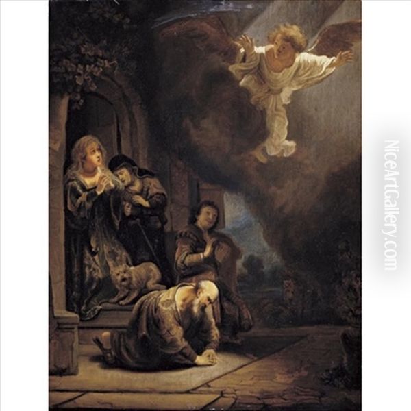 The Archangel Raphael Taking Leave Of Tobit Oil Painting by Harmenszoon van Rijn Rembrandt