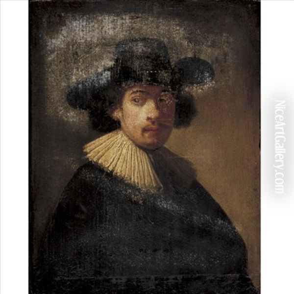 Portrait Of A Man, Half Length, Wearing A Black Hat Oil Painting by Harmenszoon van Rijn Rembrandt