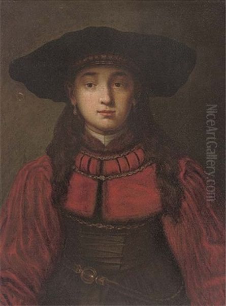 Portrait Of A Girl In A Cap And Red Dress Oil Painting by Harmenszoon van Rijn Rembrandt