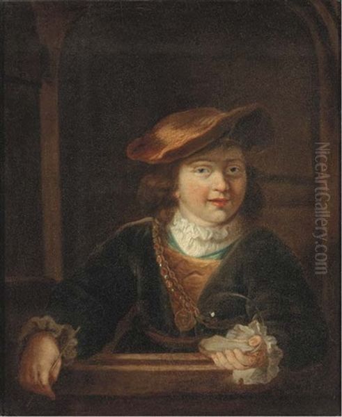 A Boy In A Cap Wearing A Gold Chain Holding A Bubble, At A Casement Oil Painting by Harmenszoon van Rijn Rembrandt