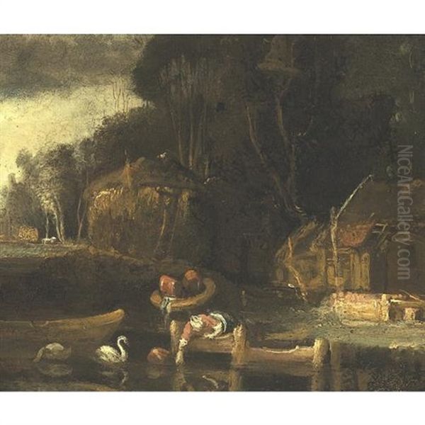 Landscape With A Farm Oil Painting by Harmenszoon van Rijn Rembrandt