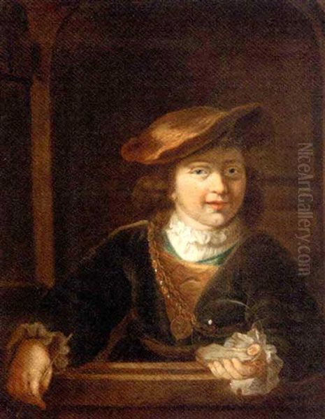 A Boy In A Cap Wearing A Gold Chain And Holding A Bubble, At A Casement Oil Painting by Harmenszoon van Rijn Rembrandt