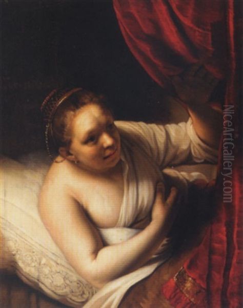 An Interior With A Lady (hendrikje Stoffels?) Lying On Bed And Holding Her Breast Oil Painting by Harmenszoon van Rijn Rembrandt