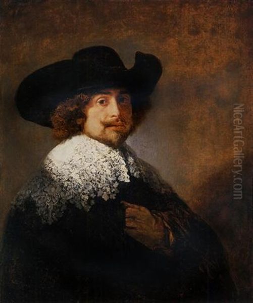 Portrait Of A Gentleman In A Black Hat And A Lace Falling Collar Oil Painting by Harmenszoon van Rijn Rembrandt