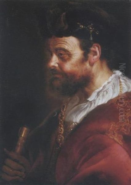 A Gentleman In A Gold-embroidered Red Velvet Gown, A White Chemise, A Golden Chain, A Black Hat And Leather Gloves, A Baton In His Hands Oil Painting by Harmenszoon van Rijn Rembrandt