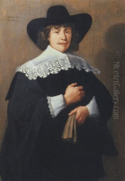 Portrait Of A Gentleman In A Black Broad-rimmed Hat And Black Costume With A White Lace Collar And Cuffs And Hat, His Gloves In His Left Hand Oil Painting by Harmenszoon van Rijn Rembrandt