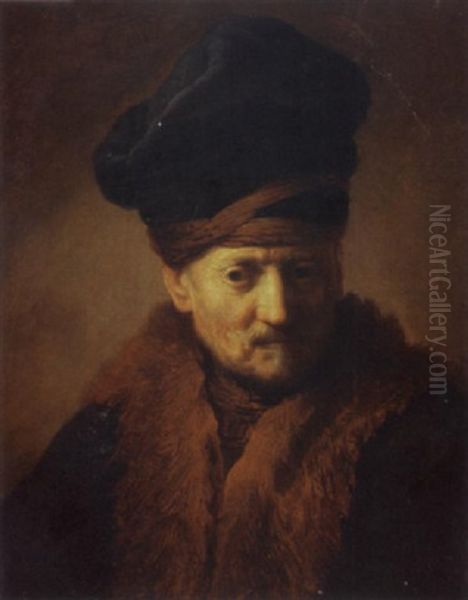 A Portrait Of An Old Man Wearing A Fur Lined Coat And A Black Kolpak Oil Painting by Harmenszoon van Rijn Rembrandt