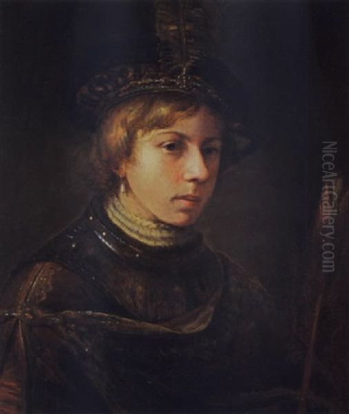 A Portrait Of A Young Man Wearing A Fantasy Costume And A Beret With A Feather, Holding A Feather In His Left Hand Oil Painting by Harmenszoon van Rijn Rembrandt