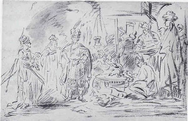 Thetis Obliging Achilles To Return To The Trojan War Oil Painting by Harmenszoon van Rijn Rembrandt