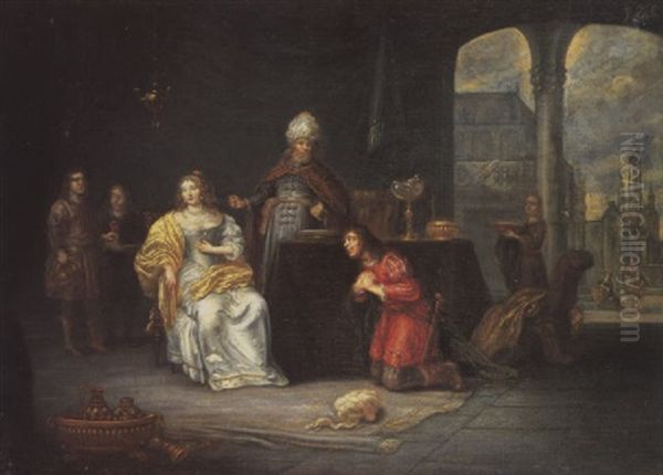 Ahasuerus And Esther Oil Painting by Harmenszoon van Rijn Rembrandt