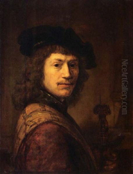 A Portrait Of A Man Wearing A Red Coat With A Yellow Shawl And Black Beret And Holding A Sword In His Left Hand Oil Painting by Harmenszoon van Rijn Rembrandt