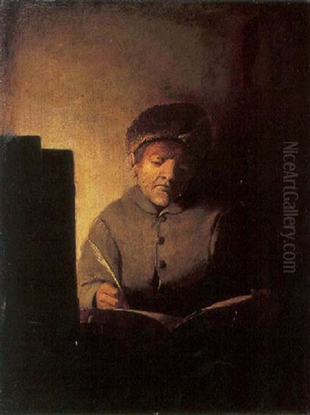 A Man In His Study Writing In A Book Oil Painting by Harmenszoon van Rijn Rembrandt