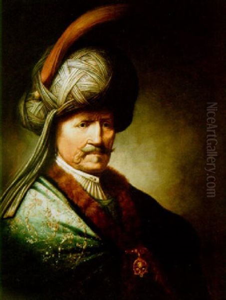 An Old Man Wearing An Embroidered Fur-rimmed Robe And A Feathered Turban Oil Painting by Harmenszoon van Rijn Rembrandt
