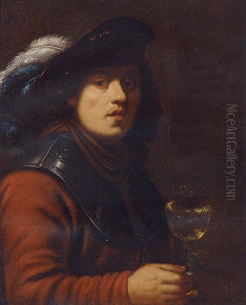 A Young Man In A Red Jacket And A Gorget With A Plumed Maroon Hat, A Roemer In His Right Hand Oil Painting by Harmenszoon van Rijn Rembrandt