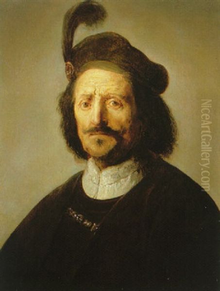Portrait Of A Man Wearing A Brown Coat And Cap With A Feather Oil Painting by Harmenszoon van Rijn Rembrandt