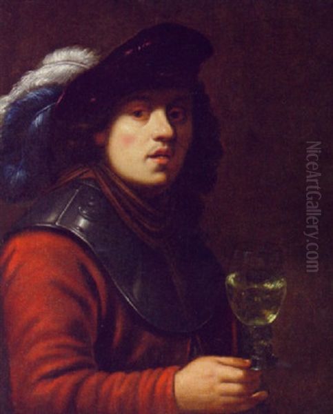 A Young Man, In A Red Jacket And A Gorget With A Maroon Hat With White And Blue Plumes, A Roemer In His Right Hand Oil Painting by Harmenszoon van Rijn Rembrandt