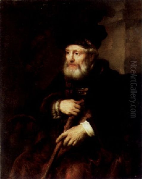 A Bearded Old Man Holding A Cane Oil Painting by Harmenszoon van Rijn Rembrandt