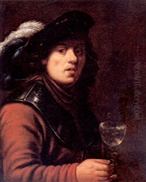 Portrait Of A Soldier, Holding A Glass Of Wine Oil Painting by Harmenszoon van Rijn Rembrandt
