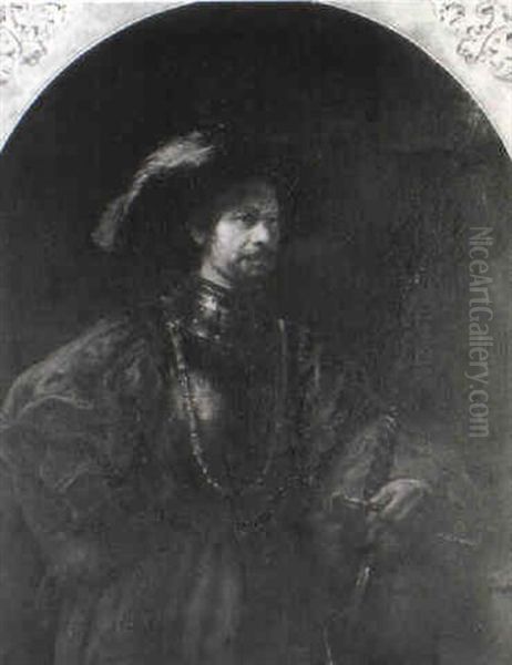 Portrait Of The Artist In A Doublet And Crimson Tunic, Holding A Sword Oil Painting by Harmenszoon van Rijn Rembrandt