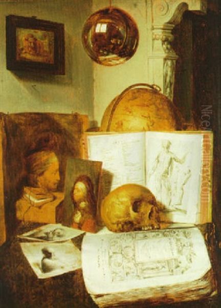 Vanitas Still Life With A Globe, Sketchbooks, A Skull, Two  Painted Portraits And Two Rembrandt Prints... Oil Painting by Harmenszoon van Rijn Rembrandt