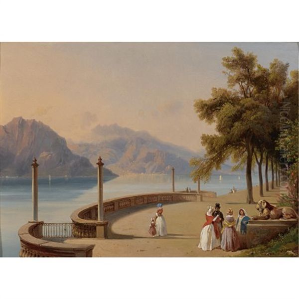 The Terrace Of The Villa Melzi, Overlooking Lake Como Oil Painting by Jean Charles Joseph Remond