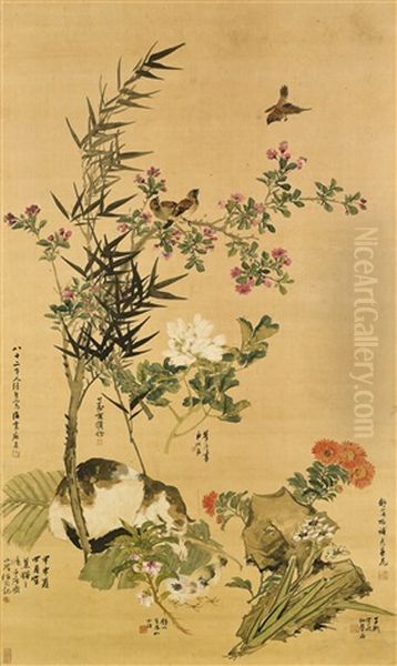 Plantain, Cat, Flowers And Birds Oil Painting by Ren Bonian